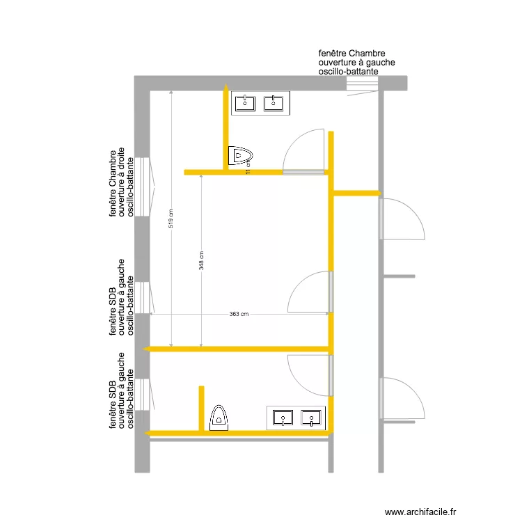 Plan SDB Chambre Fen&ecirc;tres     VARIANTE 2. Plan de 0 pièce et 0 m2