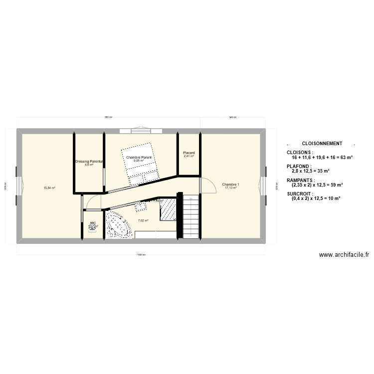 etage refait. Plan de 8 pièces et 66 m2