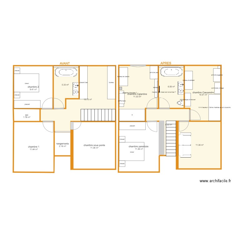 NOLIX plan d'origine AVANT/APRES - Etage V2. Plan de 14 pièces et 114 m2