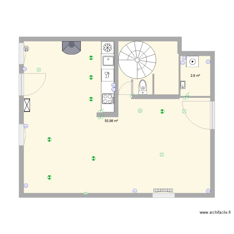 Plan  St Emiliion RDC. Plan de 2 pièces et 59 m2