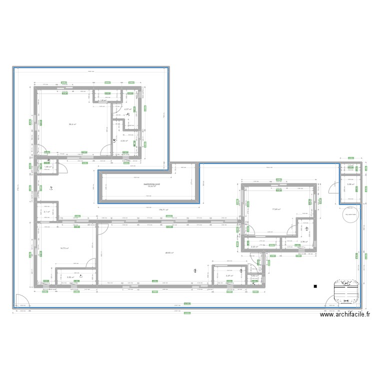 Permsub general measurements rev7. Plan de 18 pièces et 494 m2