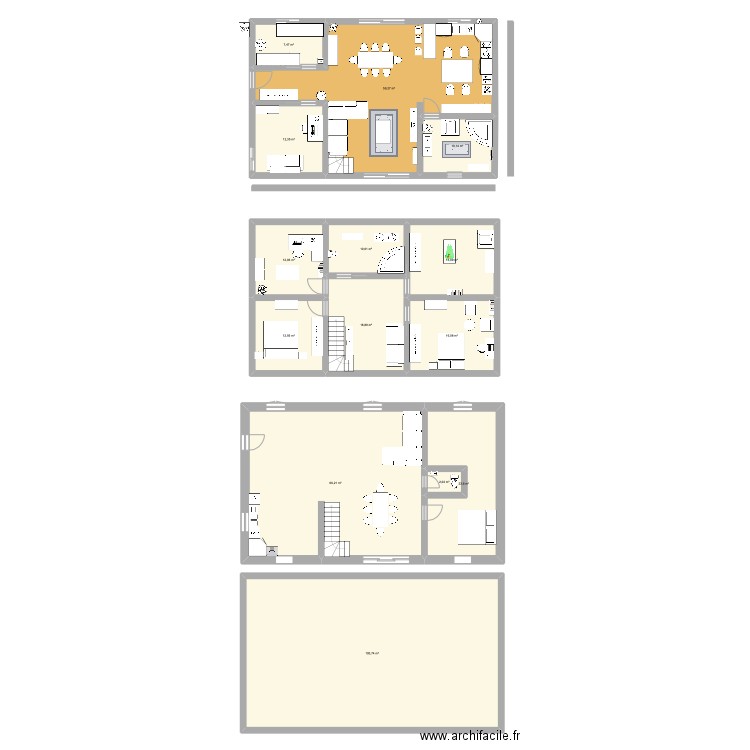 bas. Plan de 14 pièces et 369 m2