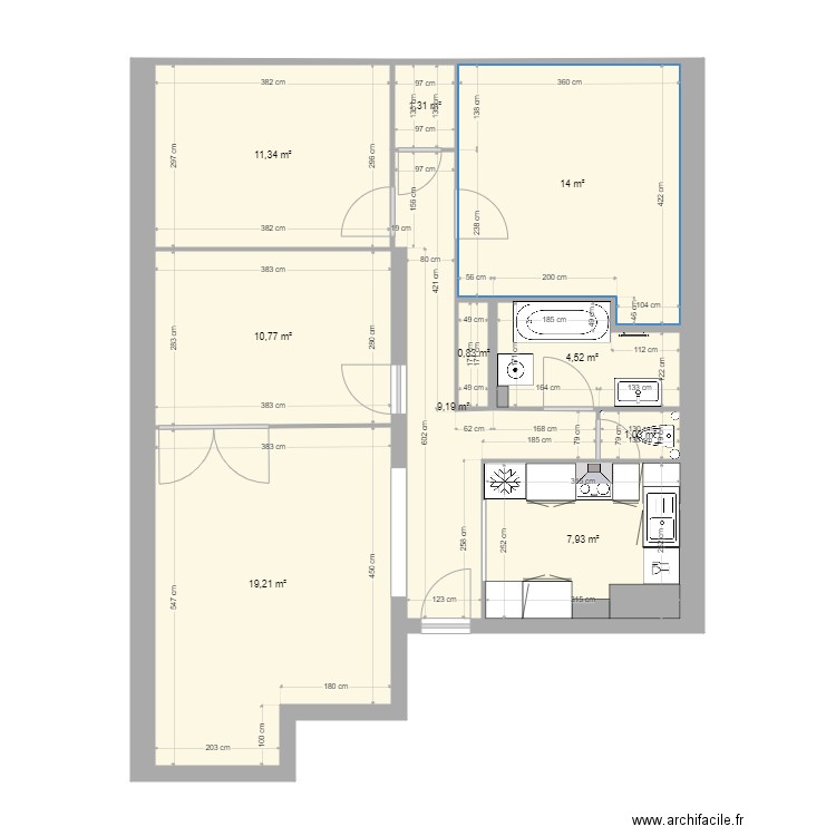 Plan eastman actuelavec bonnes dimensions coté cuisine et sdb. Plan de 0 pièce et 0 m2