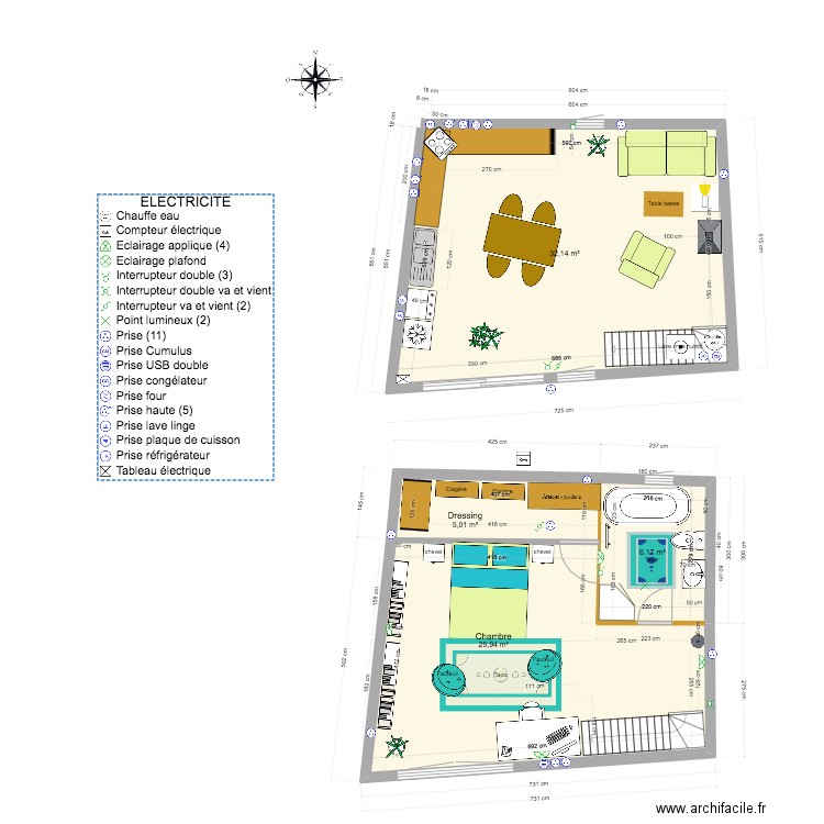 Plan 2 étages vrai. Plan de 4 pièces et 69 m2