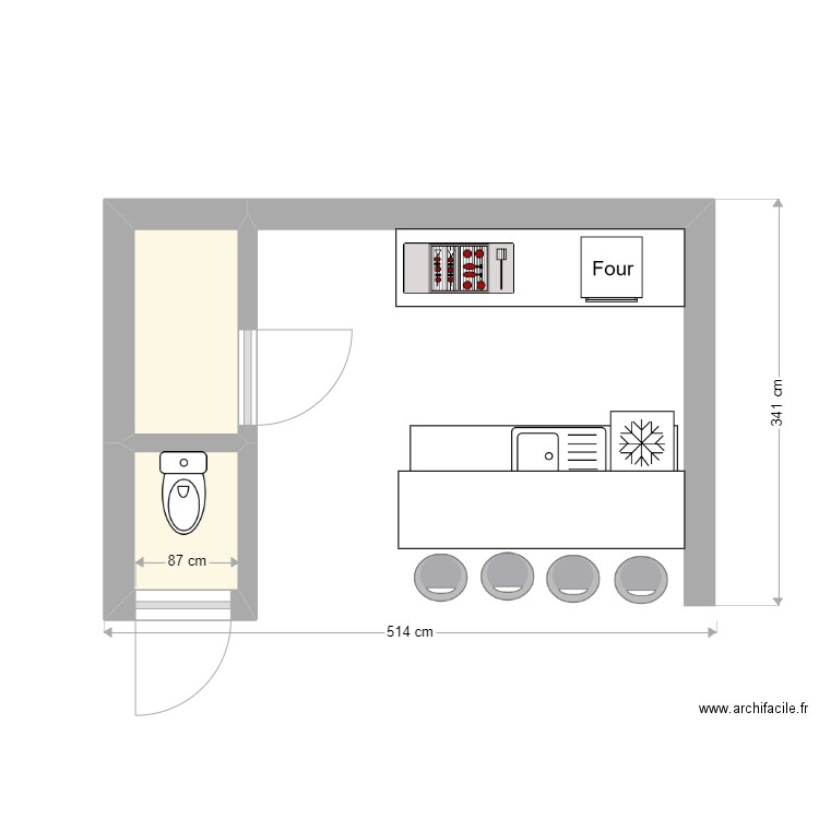 Cuisine été. Plan de 2 pièces et 3 m2