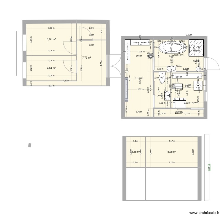 salle de baib. Plan de 9 pièces et 49 m2