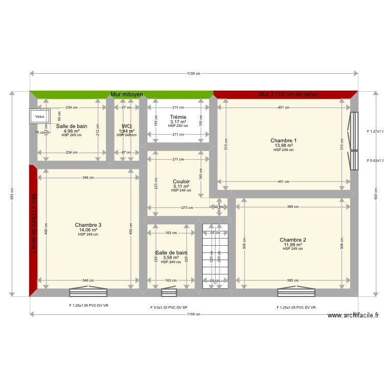 Watrigant r +1. Plan de 9 pièces et 61 m2