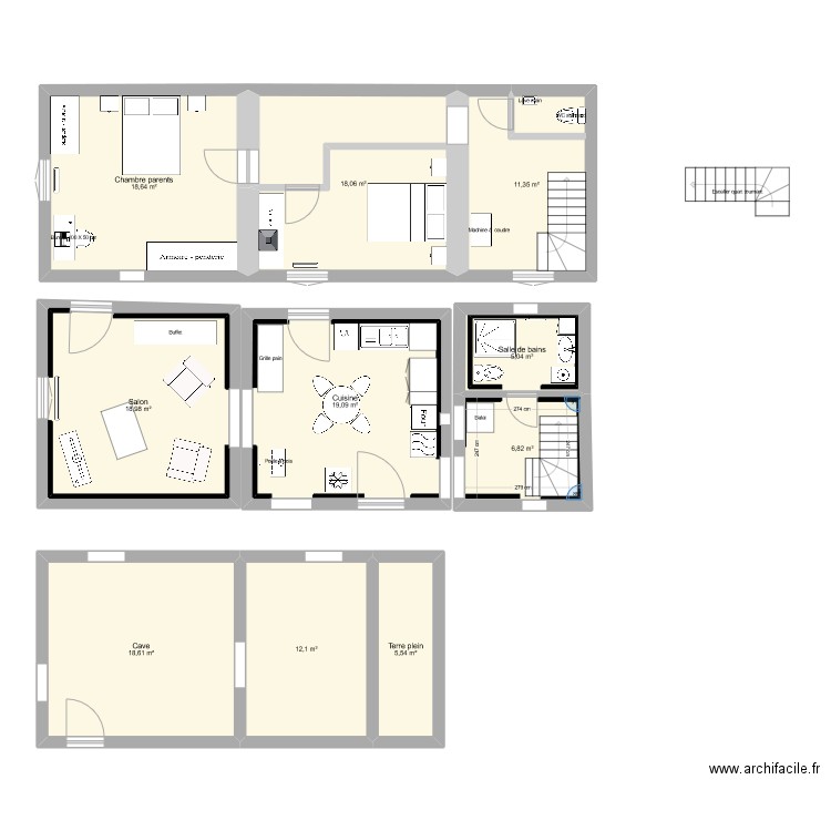 Maison RdC. Plan de 10 pièces et 134 m2