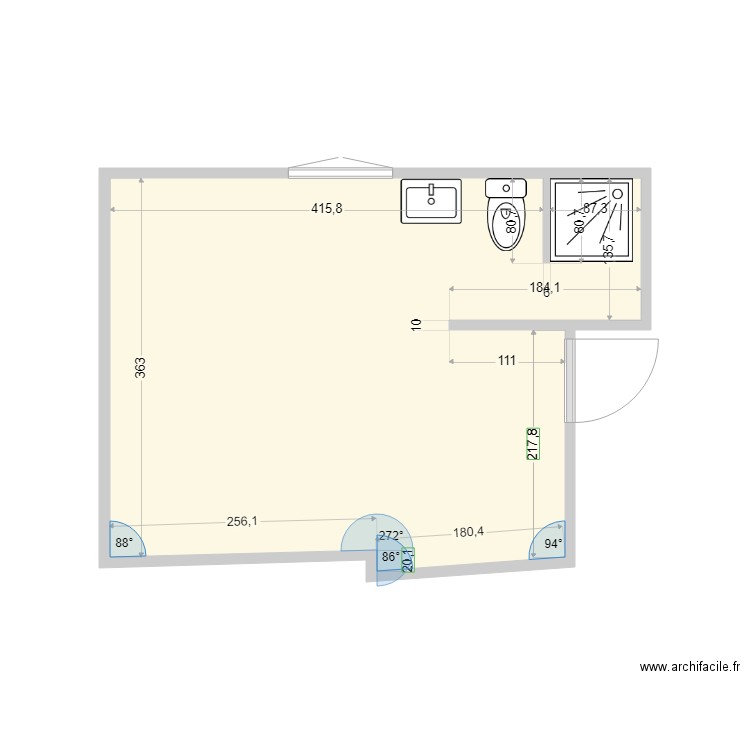 Inf SdB actuel. Plan de 1 pièce et 17 m2