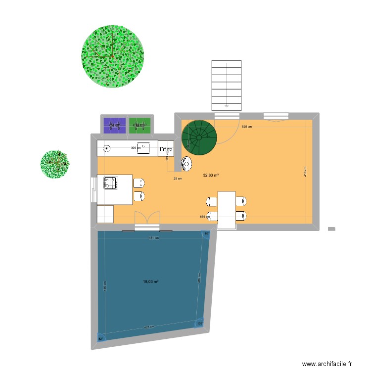 RUINE piece de vie cuisine. Plan de 4 pièces et 52 m2