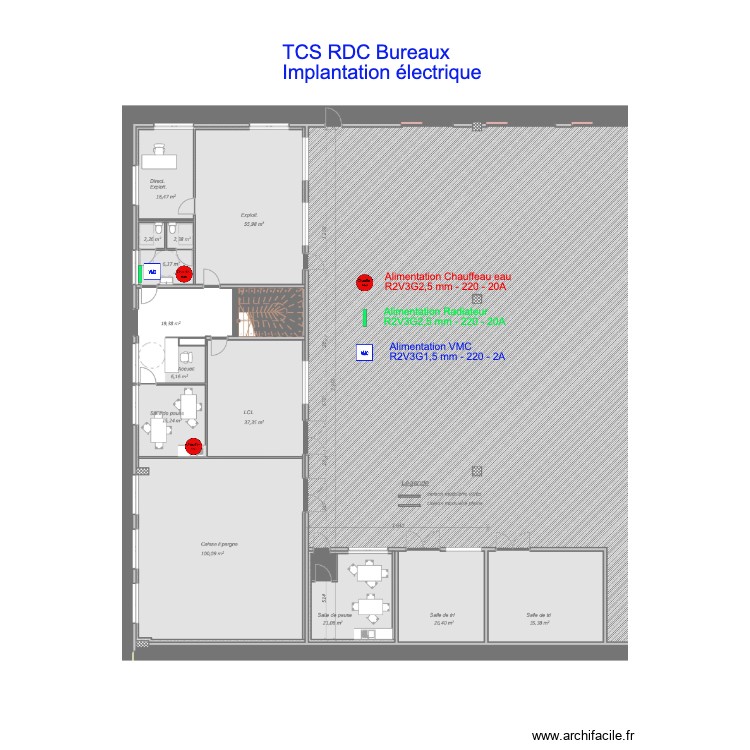 TCS RDC Bureaux Implantation &eacute;lectrique. Plan de 0 pièce et 0 m2