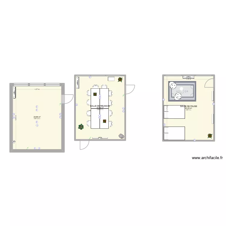 SALLE REUNION + SALLE DE PAUSE version TRAVAUX. Plan de 3  et 75 m²