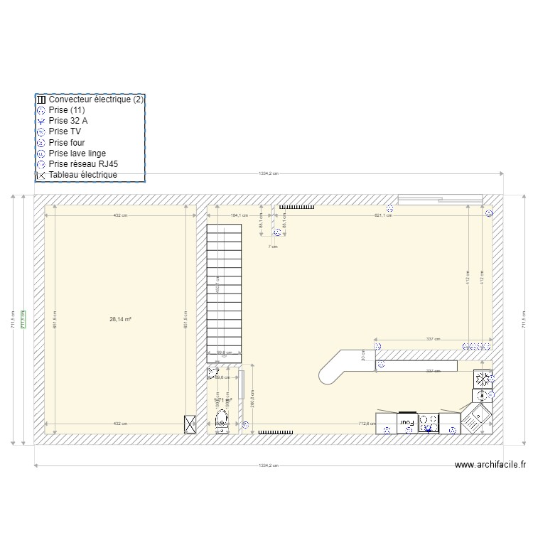 Rdc avec prises meuble cuisine bas 1/50ème. Plan de 3 pièces et 80 m2