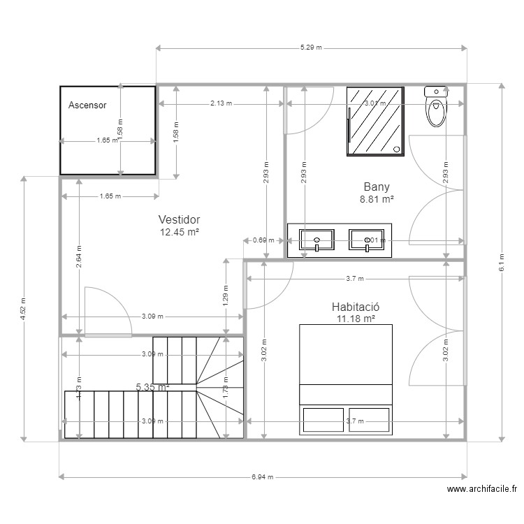 Planta 1 Modificada V3. Plan de 4 pièces et 38 m2