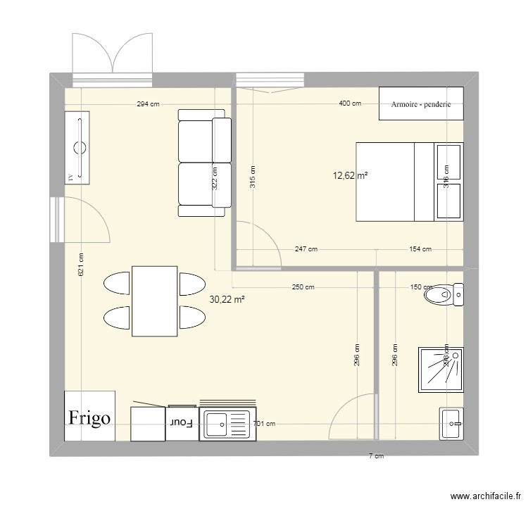 rdc. Plan de 2 pièces et 43 m2