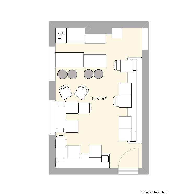 bar. Plan de 1 pièce et 20 m2