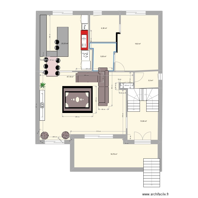 Sous sol. Plan de 8 pièces et 136 m2