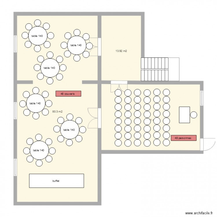 etage conference puis dejeuner assis 48 personnes. Plan de 0 pièce et 0 m2