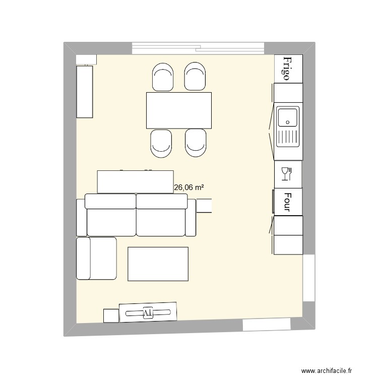 Salon Cuisine Sale a manger. Plan de 1 pièce et 26 m2