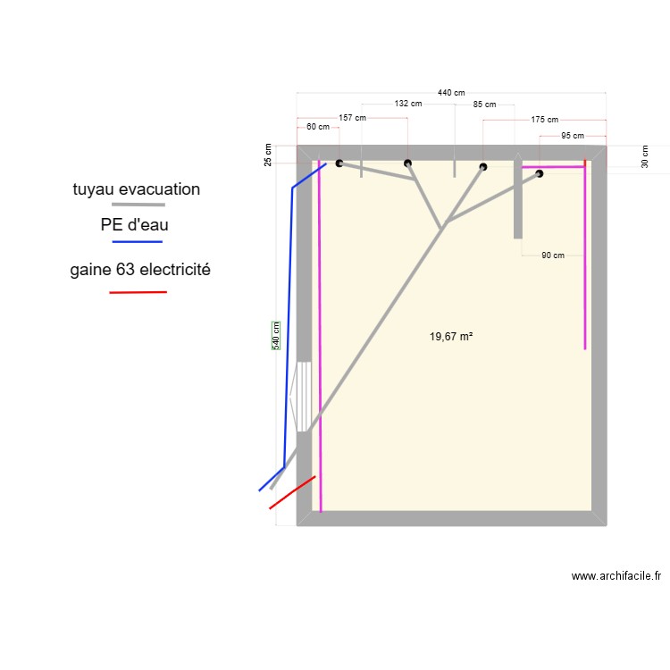 plan passage tuyau. Plan de 2 pièces et 20 m2