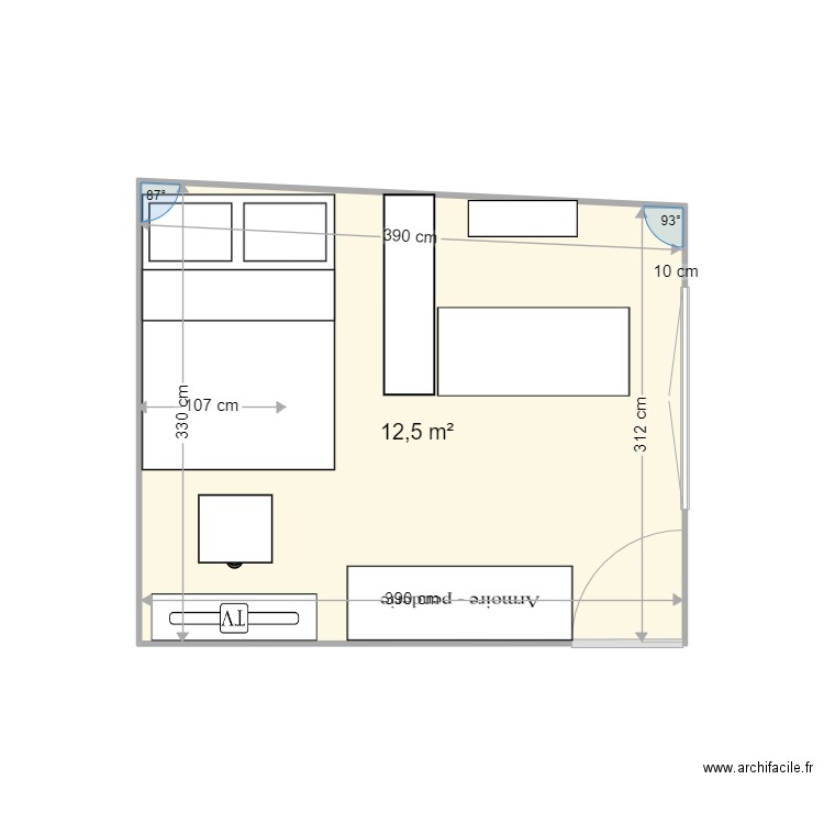 Chambre leia Visabelle agrandie. Plan de 1 pièce et 13 m2