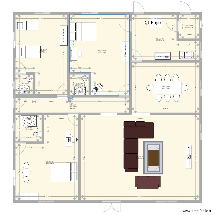 plan de 3 chambres salon avec salle à manger et cuisine . Plan de 0 pièce et 0 m2
