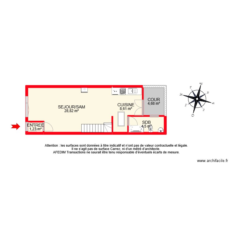 BI 10499 RDC . Plan de 5 pièces et 48 m2