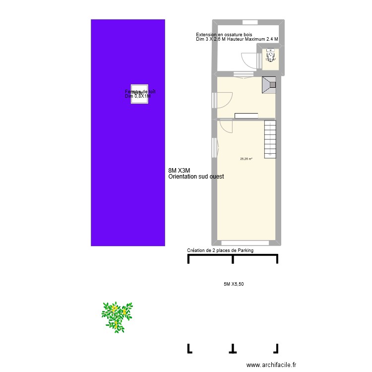 Garage extension et toit. Plan de 2 pièces et 26 m2