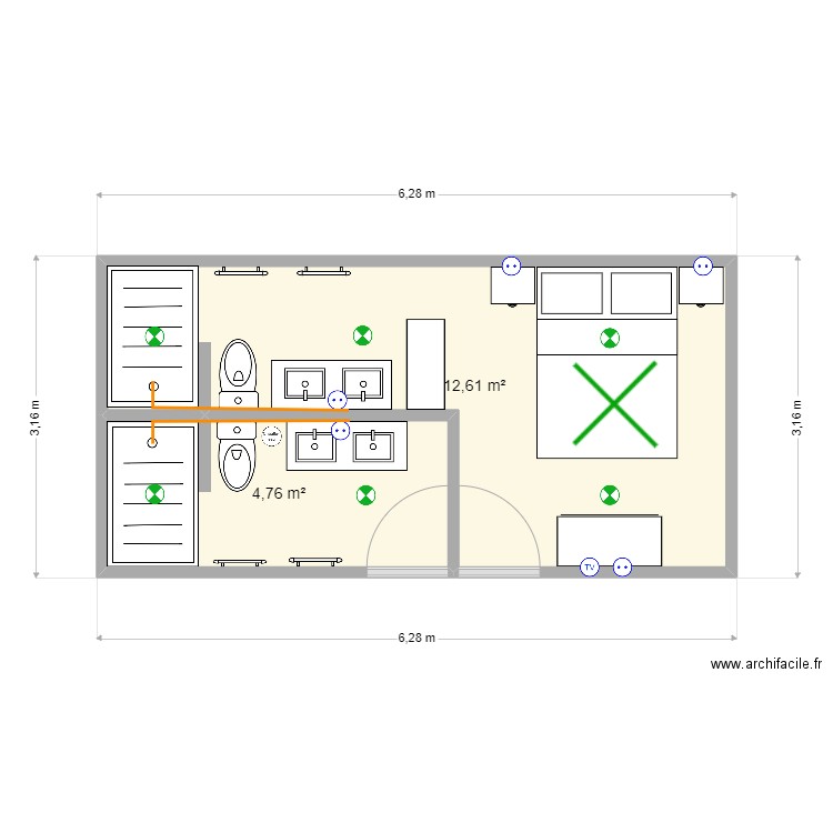 Plano Colonial. Plan de 2 pièces et 17 m2