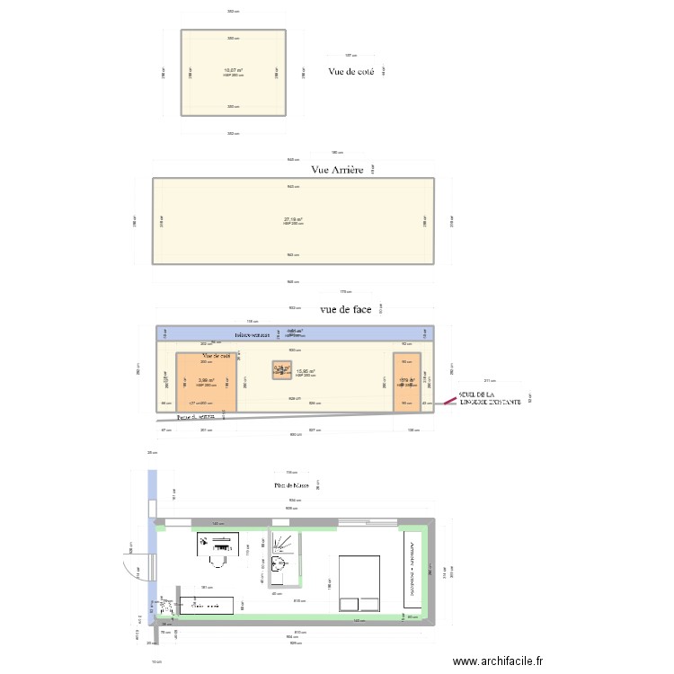 piece en rectangle. Plan de 7 pièces et 64 m2