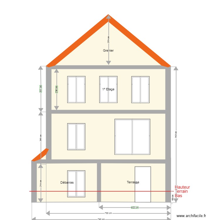 Façade arriere avec debaras. Plan de 9 pièces et 95 m2