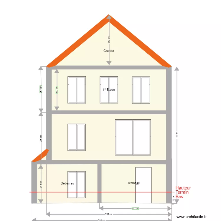 Façade arriere avec debaras. Plan de Façade arriere avec debaras. Plan de
