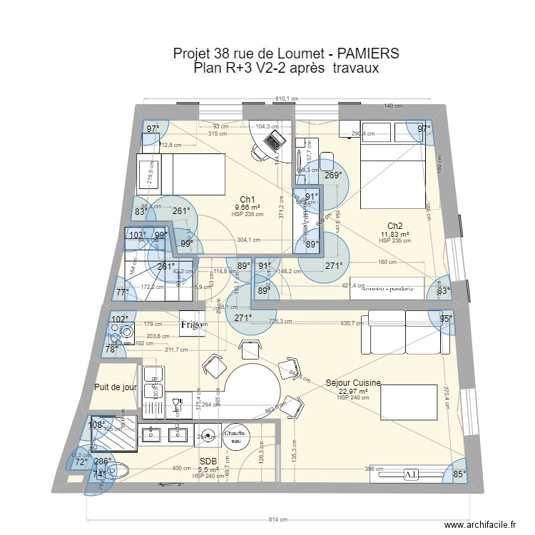 PAMIERS3 R+3 V2-2 après travaux. Plan de 7 pièces et 53 m2