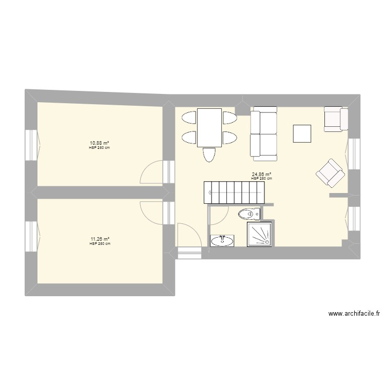 gatou bas meublé. Plan de 3 pièces et 47 m2