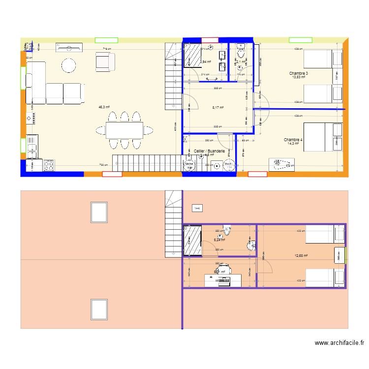 Gîte 2. Plan de 11 pièces et 116 m2