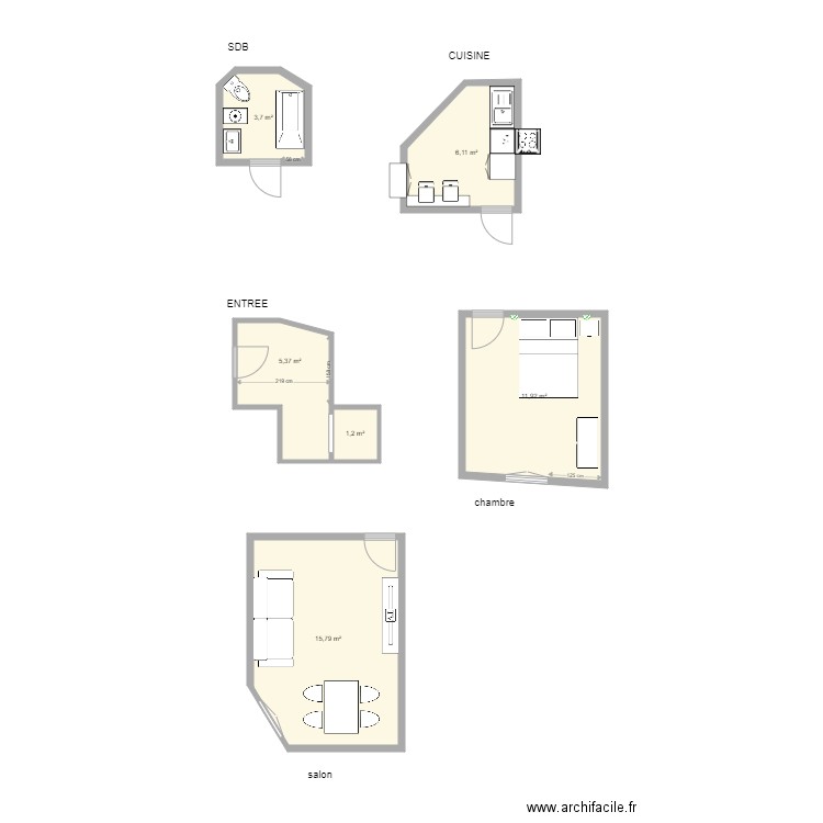 sdb tln. Plan de 6 pièces et 44 m2