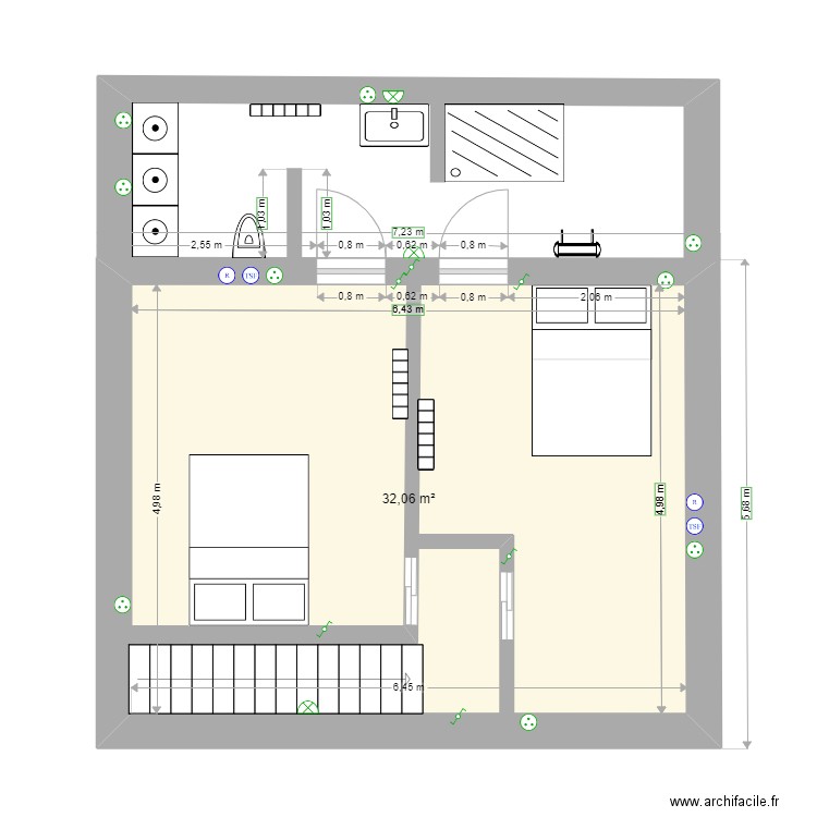 Etage 1 V2022. Plan de 1 pièce et 32 m2