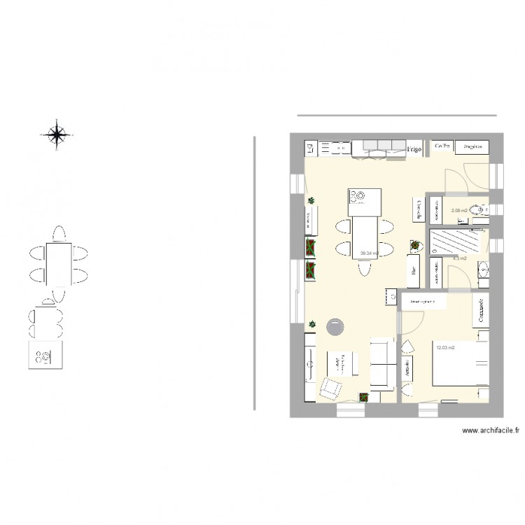 plan appart PG plain pied ferme 7 pignon est 2 suite parentale. Plan de 4 pièces et 58 m2