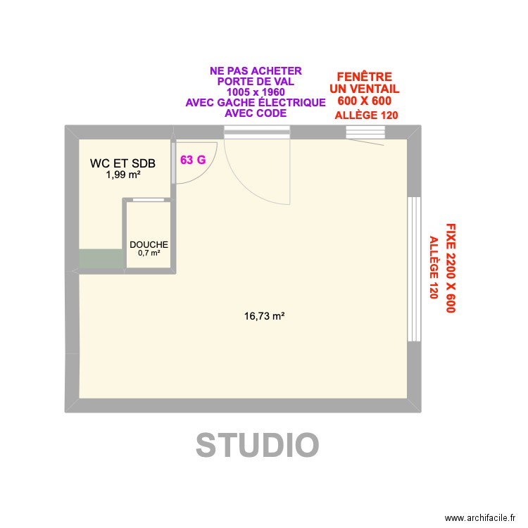 STUDIO PORTES ET FENÊTRES. Plan de 3 pièces et 19 m2