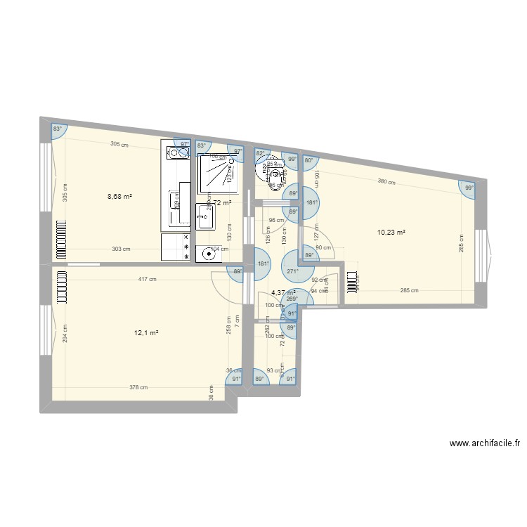 cabinet + meubles. Plan de 6 pièces et 39 m2