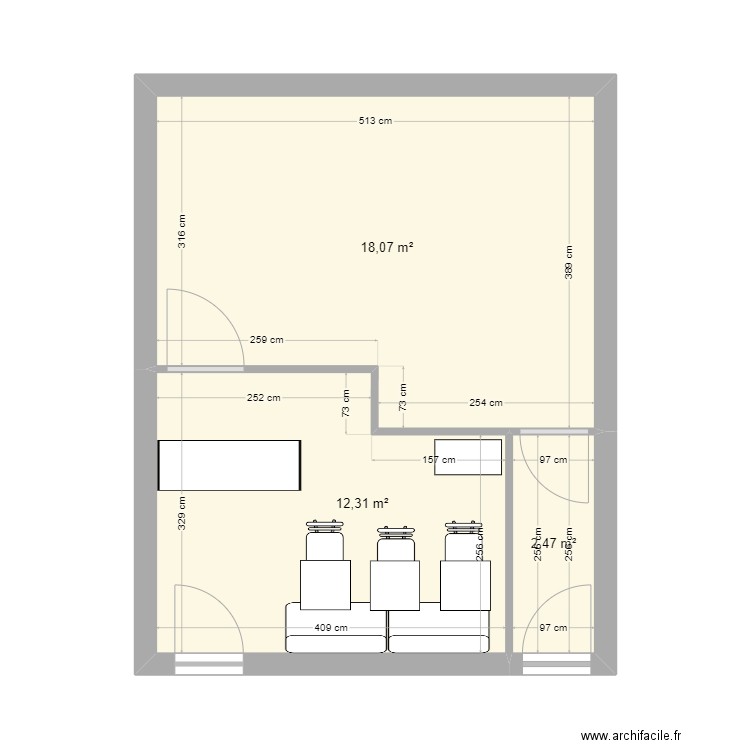 mafia. Plan de 3 pièces et 33 m2