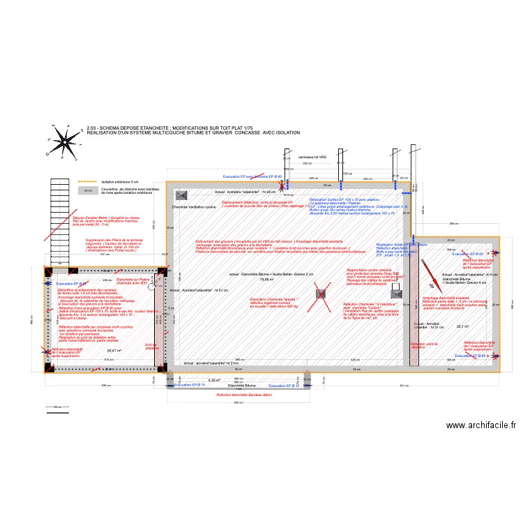 2.03 -SCHEMA DEPOSE  ET MODIFICATIONS  SUR TOIT PLAT 1/75. Plan de 4 pièces et 125 m2