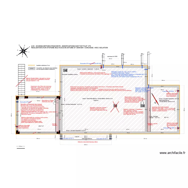 2.03 -SCHEMA DEPOSE  ET MODIFICATIONS  SUR TOIT PLAT 1/75. Plan de 