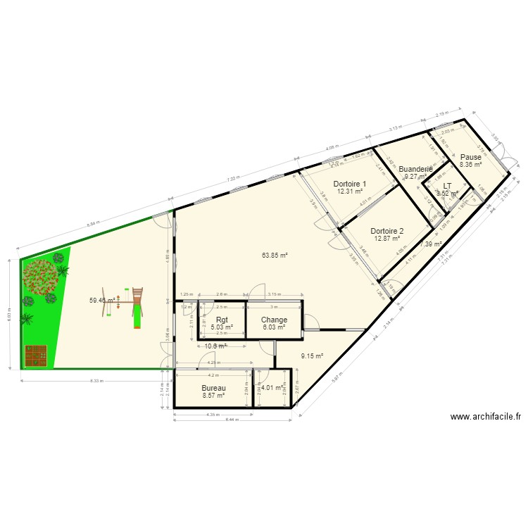 Micro-crèche Bernes + aménagement + retouche surface. Plan de 14 pièces et 220 m2