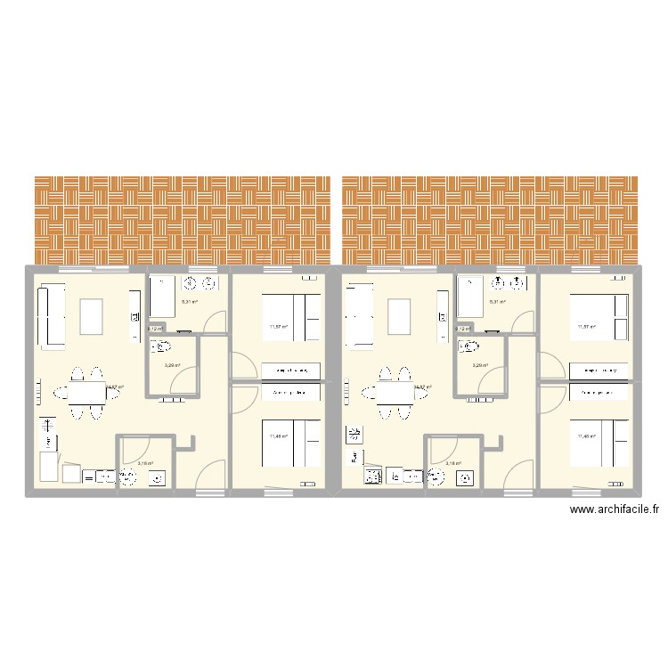 4 T3 sur 1 étage. Plan de 0 pièce et 0 m2