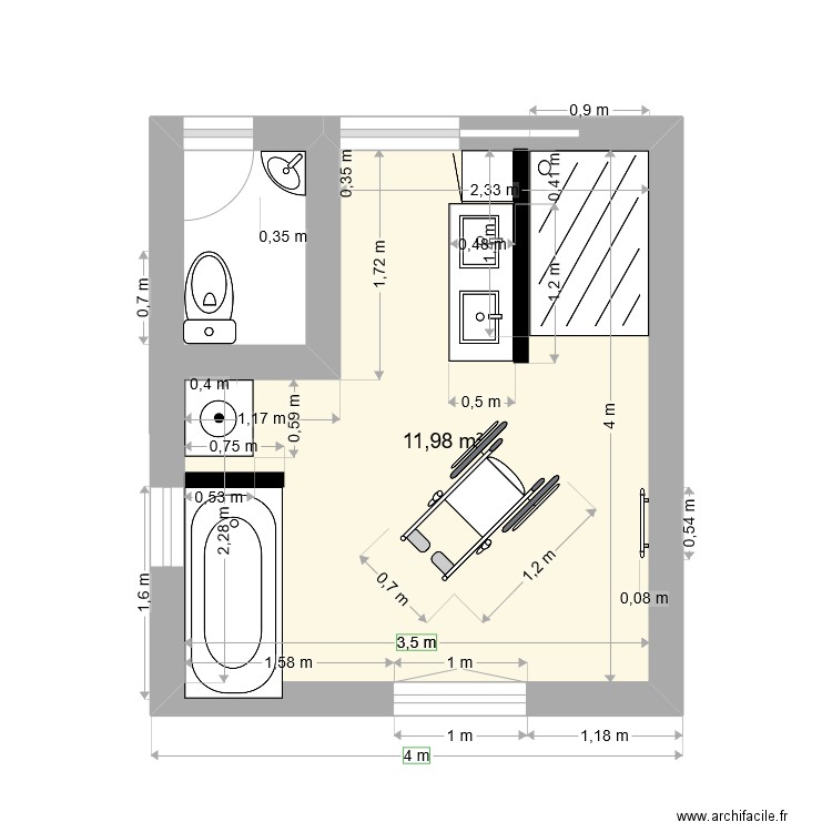 SDB. Plan de 1 pièce et 12 m2