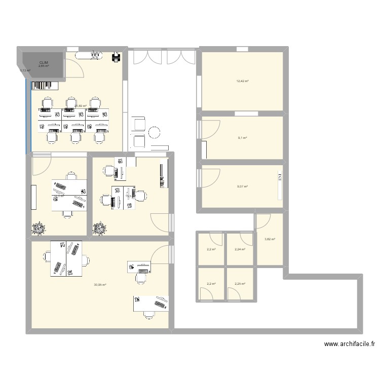 22 thiéré. Plan de 14 pièces et 125 m2