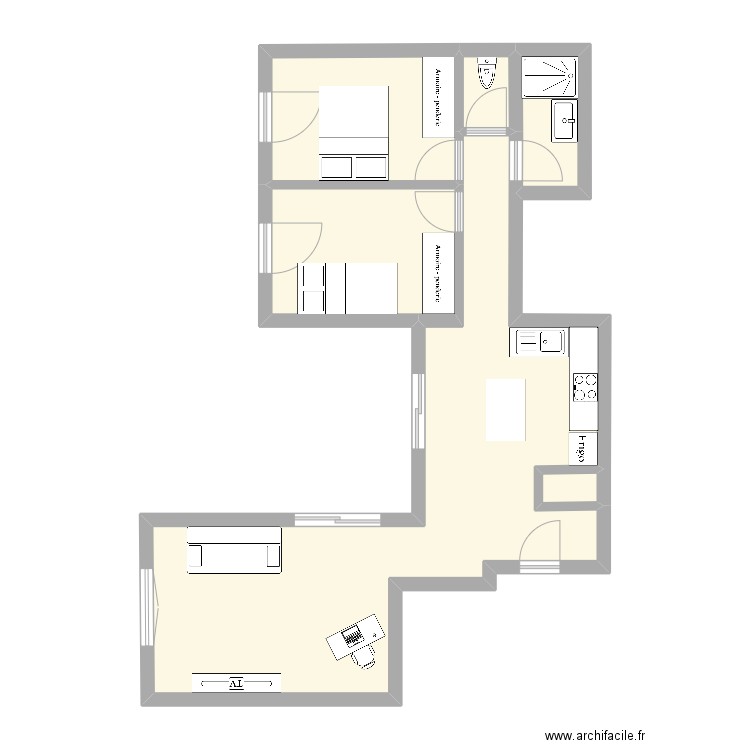 riviere. Plan de 6 pièces et 58 m2