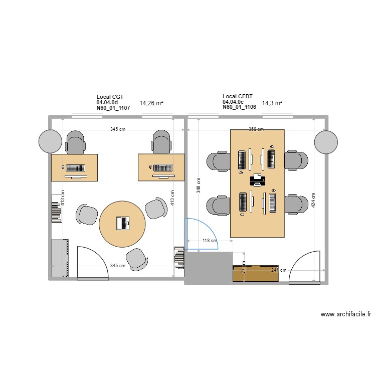 local CFDT. Plan de 21 pièces et 205 m2