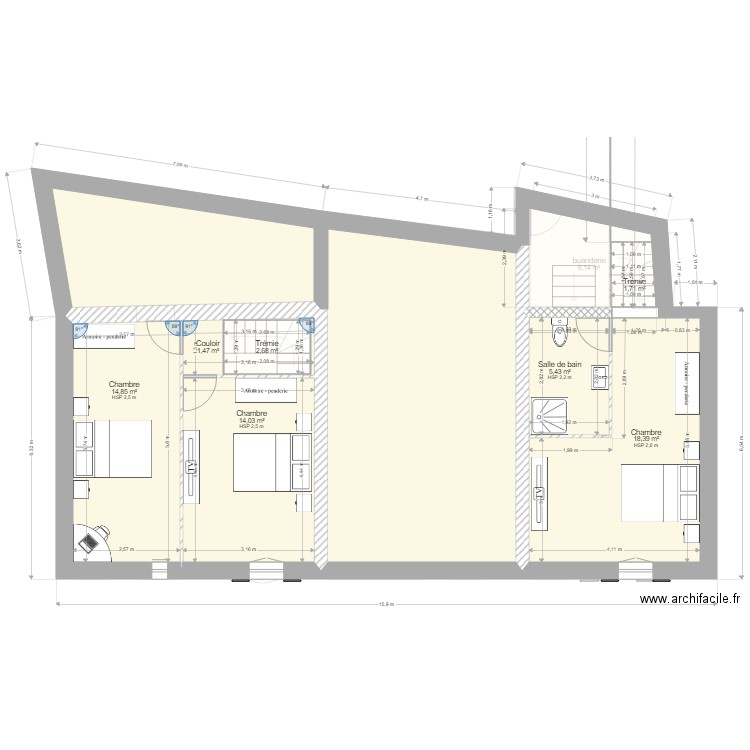 plan maison julie avec isolation. Plan de 15 pièces et 222 m2